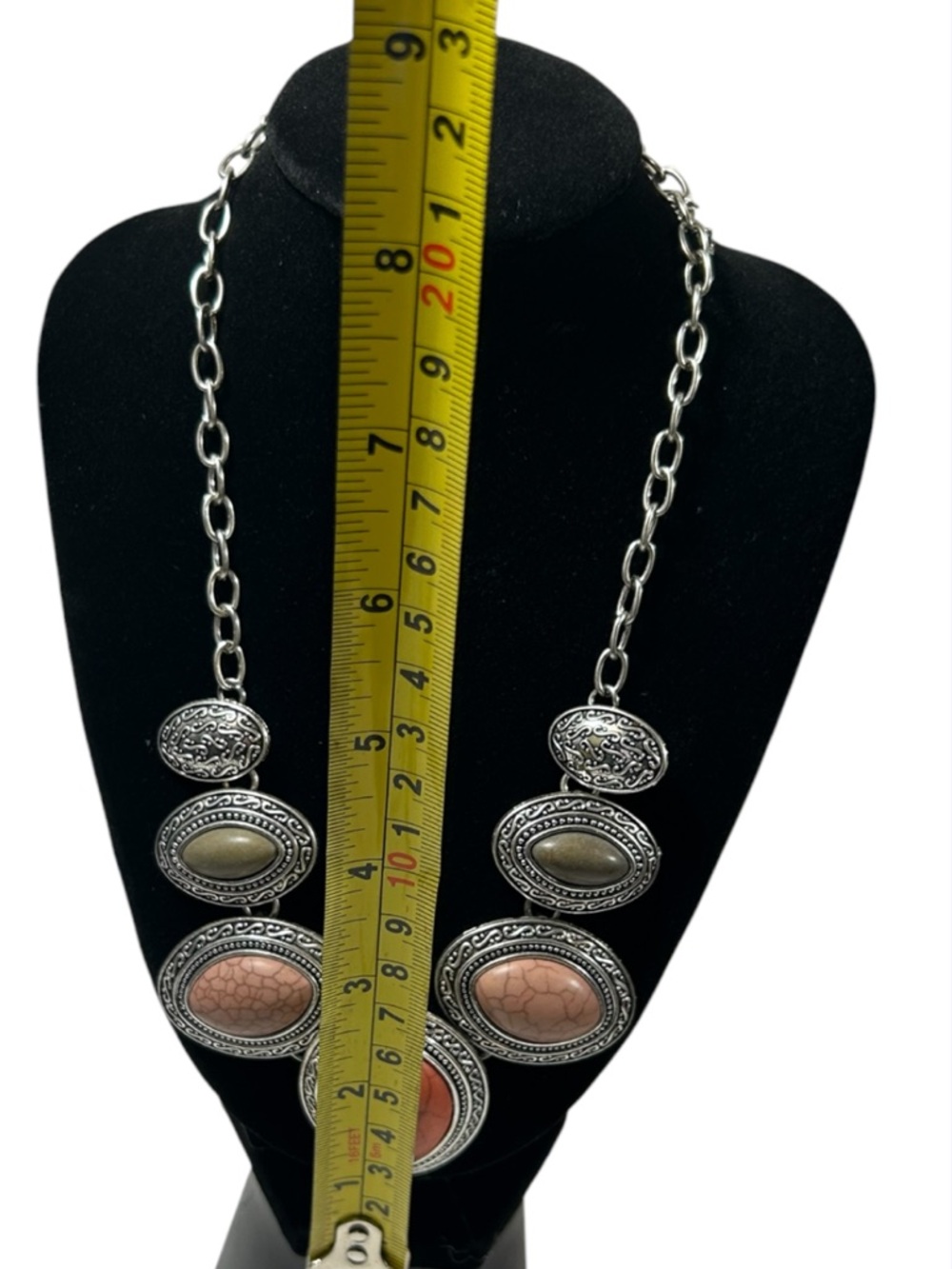 Boho‎ Silver Tone Statement Necklace Earthy Faux Stone Medallions - Picture 2 of 3